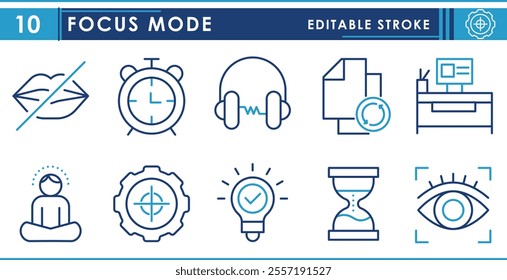 A set of line icons related to Focus mode. Silence, clock, headphone, tasks, workspace, meditation, and so on. Vector editable stroke.