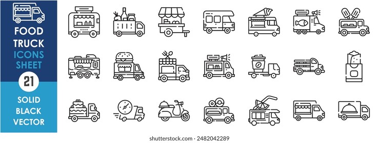 Conjunto de iconos de línea relacionados con food truck y la entrega. Comida, pizza, helado, entrega, camiones, torta, scooter, comida de la calle y así sucesivamente. Conjunto de iconos de contorno de Vector.