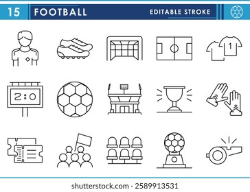 A set of line icons related to Football. Whistle, stadium, play, ground, goal post, sneakers, jersey, and so on. Vector editable stroke.