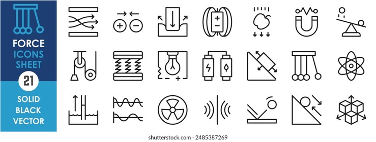 A set of line icons related to force. Physics, motion, friction, vibration, energy, kinetic, vector, electric, magnetic, radioactive and so on. Vector outline icons set.