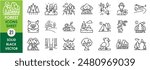 A set of line icons related to forest and woods. Forest, wood, forest fire, timber, branch, camping, tropical, river, flora and fauna, wild, birds, Siberia, and so on. Vector outline icons set.