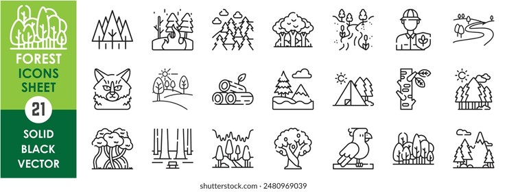 A set of line icons related to forest and woods. Forest, wood, forest fire, timber, branch, camping, tropical, river, flora and fauna, wild, birds, Siberia, and so on. Vector outline icons set.