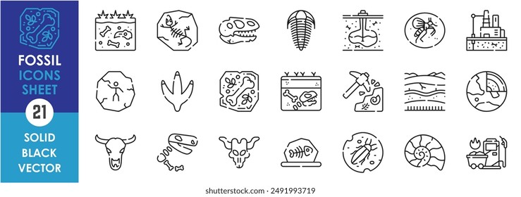 A set of line icons related to fossils. Fossil, fuel, paleontology, archaeology, rock, imprint, ammonite, trilobite, geology, history, skull, resin and so on. Vector outline icons set.