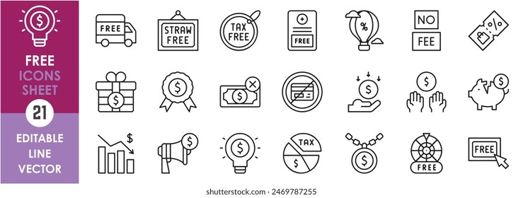 A set of line icons related to free of cost. Cost, free, no fee, gift, bonus, delivery, tax, saving and so on. Vector outline icons set.