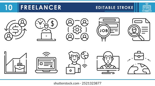 Um conjunto de ícones de linha relacionados ao Freelancer. Freelance, trabalho, remoto, trabalho por conta própria, em todo o mundo, headhunt, busca, e assim por diante. Traçado editável de vetor.