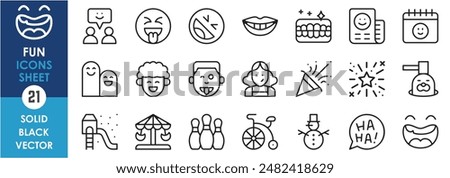 A set of line icons related to fun and entertainment. Laugh, smile, fun, enjoy, game, celebration, amusement, lips and so on. Vector outline icons set.