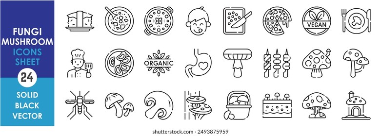 A set of line icons related to fungi and mushroom. Fungus, vegetable, restaurant, tasty, soup, vegan, grow, pizza, grocery and so on. Vector outline icons set.