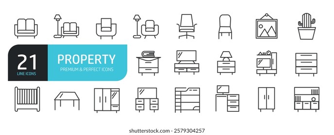 Set of line icons related to furniture, home appliance, home property. Outline icons collection. Vector illustration.