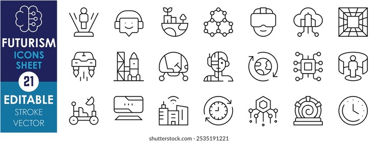 A set of line icons related to Futurism. Hologram, Sustainable living, smart city, VR, AI, Space exploration, time travel, teleport, flying car, and so on. Vector editable stroke.