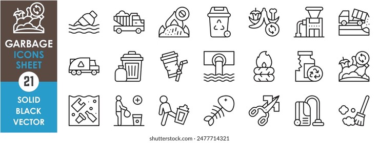 A set of line icons related to garbage and trash. Trash, rubbish, truck, industrial waste, broken jar, vacuum, ocean trash, landfill and so on. Vector outline icons set.