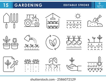 A set of line icons related to Gardening. Garden, farm, soil, harvest, tools, sow, dig, and so on. Vector editable stroke.