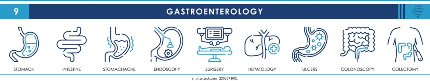 A set of line icons related to Gastroenterology. Stomach, intestine, stomachache, endoscopy, surgery, hepatology, ulcers, colonoscopy and colectomy. Vector outline icons set.