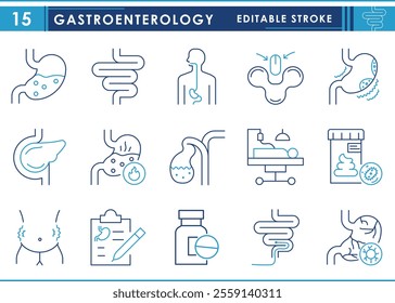 A set of line icons related to Gastroenterology. Stomach, intestine, Colonoscopy, Digestive Enzymes, Heartburn, Pancreas, Endoscopy, Gastric Acid, stool sample, and so on. Vector editable stoke.