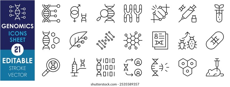 Um conjunto de ícones de linha relacionados à Genômica. DNA, engenharia, genética, análise de genes, relatório, laboratório, tecnologia, cromossomo, mutação e assim por diante. Traçado editável de vetor.