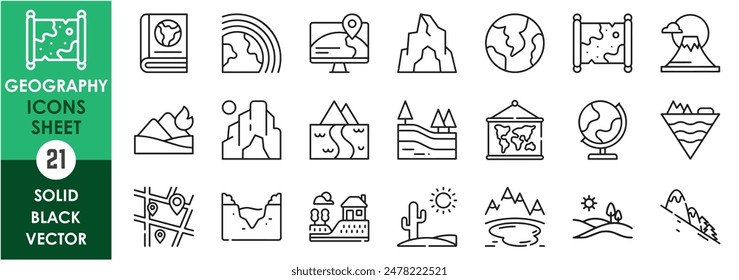 Conjunto de iconos de línea relacionados con la geografía. Geología, geografía, colinas, montaña, valle, mapa, río, pendiente, lagos y así sucesivamente. Conjunto de iconos de contorno de Vector.