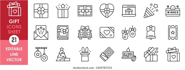 A set of line icons related to gift. Surprise, gift, donate, award, celebrate, car, book and so on. Vector outline icons set.