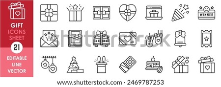 A set of line icons related to gift. Surprise, gift, donate, award, celebrate, car, book and so on. Vector outline icons set.