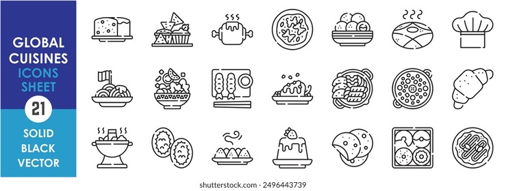 A set of line icons related to Global Cuisines. Asian, Chinese, Japanese, African, American, Bread, sweet, cake, items and so on. Vector outline icons set.