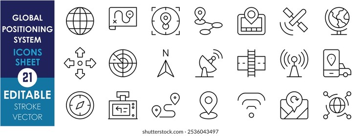 A set of line icons related to Global Positioning System. GPS, satellite, location, compass, coordinate, route, navigation, signal, and so on. Vector editable stroke.