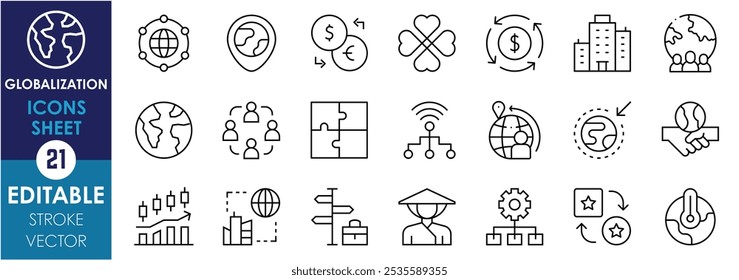 Um conjunto de ícones de linha relacionados à Globalização. Rede, global, mundo, terra, amizade, cadeia de suprimentos, moeda, cultura, diversidade, migração, clima e assim por diante. Traçado editável de vetor.