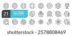 Set of line icons related to globe, earth, gobal, network. Outline icons collection. Vector illustration.