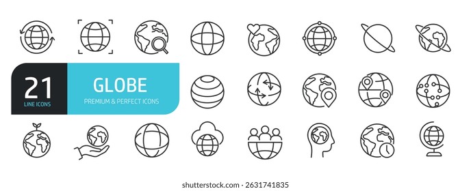 Set of line icons related to globe, earth, network. Outline icons collection. Vector illustration