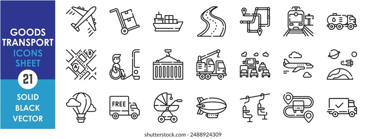 A set of line icons related to goods transportation. Transport, goods, cargo, plane, business, ship, train, map, wheelchair, ropeway, delivery and so on. Vector outline icons set.