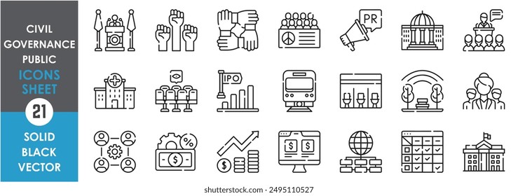 A set of line icons related to governance, public, and civil. Leadership, politics, public, vehicles, group, society, investment, park, government, co-operation, peace, law and so on.