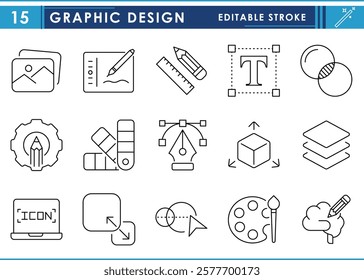 A set of line icons related to Graphic Design. Graphic, digital art, graphical tablet, tools, scale, pencil, and so on. Vector editable stroke.