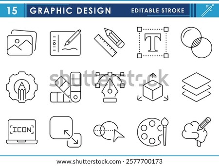 A set of line icons related to Graphic Design. Graphic, digital art, graphical tablet, tools, scale, pencil, and so on. Vector editable stroke.