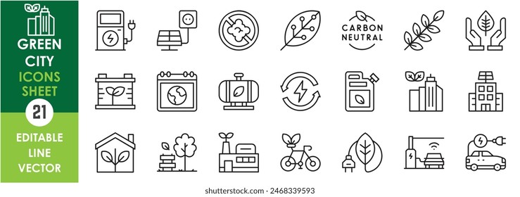 A set of line icons related to green city. Green, no pollution, fresh, electric vehicles, renewable energy and so on. Vector outline icons set.