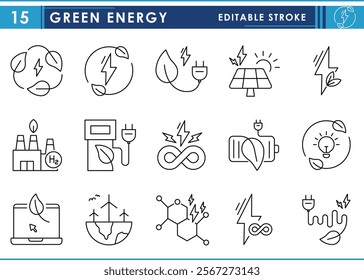 A set of line icons related to Green Energy. Eco friendly, energy, lighting, fuel, rechargeable, green, renewable, infinite source, industry, and so on. Vector editable stroke.