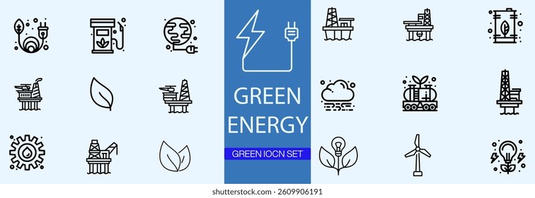 A set of line icons related to Green Energy. Green, clean, current, energy, fuel, carbon dioxide, bicycle, ecology, and so on. Vector editable stroke.