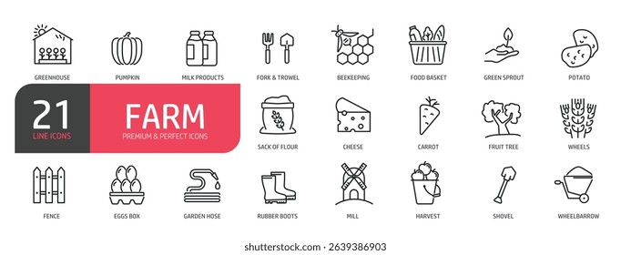 Set of line icons related to greenhouse, harvest, wheels, green sprout, milk products. Outline icons collection. Vector illustration.