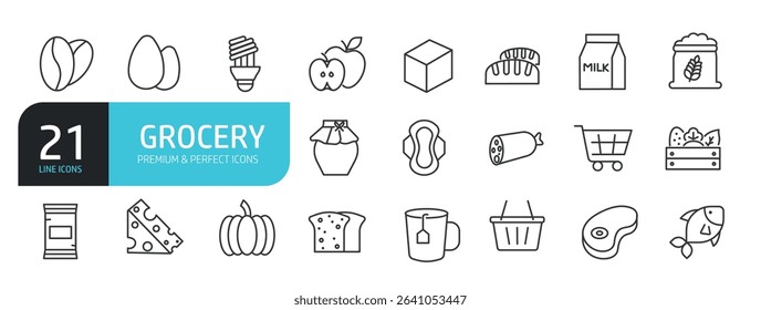 Set of line icons related to grocery, food, supermarket, shop. Outline icons collection. Vector illustration