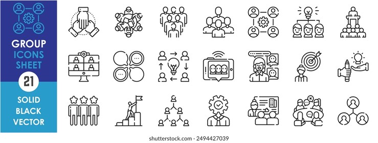 Conjunto de iconos de línea relacionados con el grupo. Comunidad, liderazgo, personas, vinculación, objetivo, discutir, idea, en línea, negocios y así sucesivamente. Conjunto de iconos de contorno de Vector.