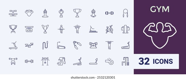 Conjunto de iconos de línea relacionados con gimnasio, fitness. Colección de iconos de esquema relacionados con el bienestar, entrenamiento, ejercicio. Trazo editable. Ilustración vectorial