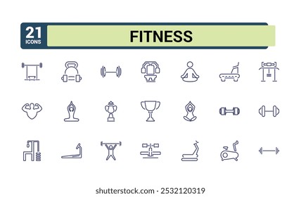 Conjunto de iconos de línea relacionados con gimnasio, fitness. Colección de iconos de esquema relacionados con el bienestar, entrenamiento, ejercicio. Trazo editable. Ilustración vectorial