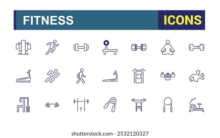 Conjunto de iconos de línea relacionados con gimnasio, fitness. Colección de iconos de esquema relacionados con el bienestar, entrenamiento, ejercicio. Trazo editable. Ilustración vectorial