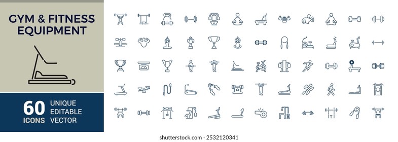 Conjunto de iconos de línea relacionados con gimnasio, fitness. Colección de iconos de esquema relacionados con el bienestar, entrenamiento, ejercicio. Trazo editable. Ilustración vectorial