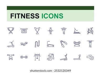 Conjunto de iconos de línea relacionados con gimnasio, fitness. Colección de iconos de esquema relacionados con el bienestar, entrenamiento, ejercicio. Trazo editable. Ilustración vectorial