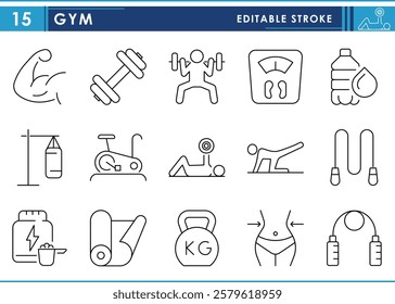 A set of line icons related to Gym. Fitness, instruments, supplements, dumbbell, and so on. Vector editable stroke.