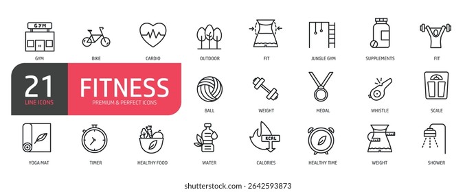 Set of line icons related to gym, bike, cardio, supplements, calories. Outline icons collection. Vector illustration.