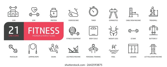 Set of line icons related to gymnastics, treadmill, jumping rope, fitness equipment. Outline icons collection. Vector illustration.