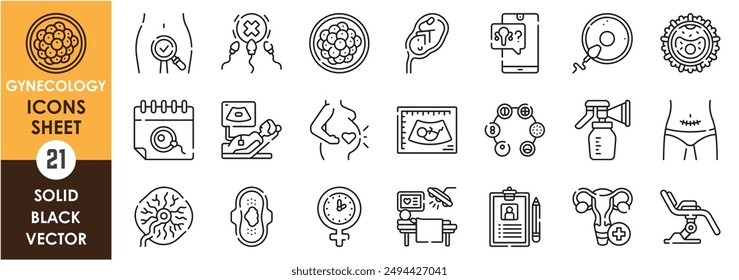 A set of line icons related to gynecology. Female, reproduction, organs, calendar, ovary, ultrasound, womb, sperm, surgery, baby, birth and so on. Vector outline icons set.