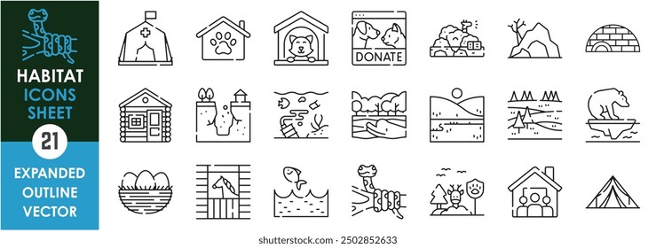 A set of line icons related to Habitat. Shelter, home, living, tree, forest, water, air, nest, stable, tent, cave, igloo and so on. Vector outline icons sets.