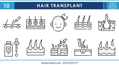 Um conjunto de ícones de linha relacionados ao Transplante de Cabelo. Cabelo, crescimento, queda, careca, médico, colheita, semente, e assim por diante. Traçado editável de vetor.