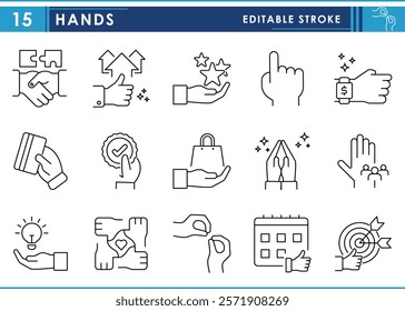 A set of line icons related to Hands. Hold, give, take, touch, pinch, namaste, show, target, like, innovation, and so on. Vector editable stroke.