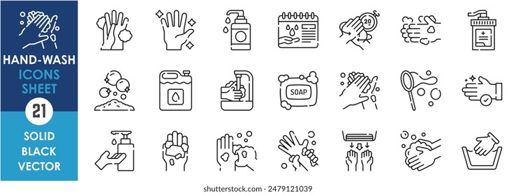 A set of line icons related to handwash. Hand Washing, soap, sanitizer, drier, steps, soap bubbles, and so on. Vector outline icons set.