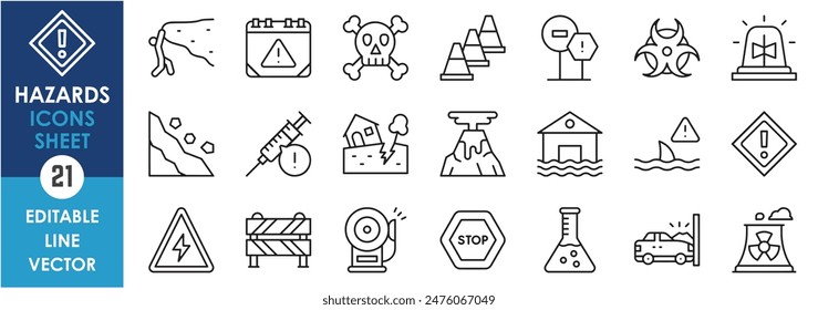 A set of line icons related to hazard, danger and accidents. Risk, danger, alarm, shark attack, landslide and disaster, barrier, nuclear and so on. Vector outline icons set.